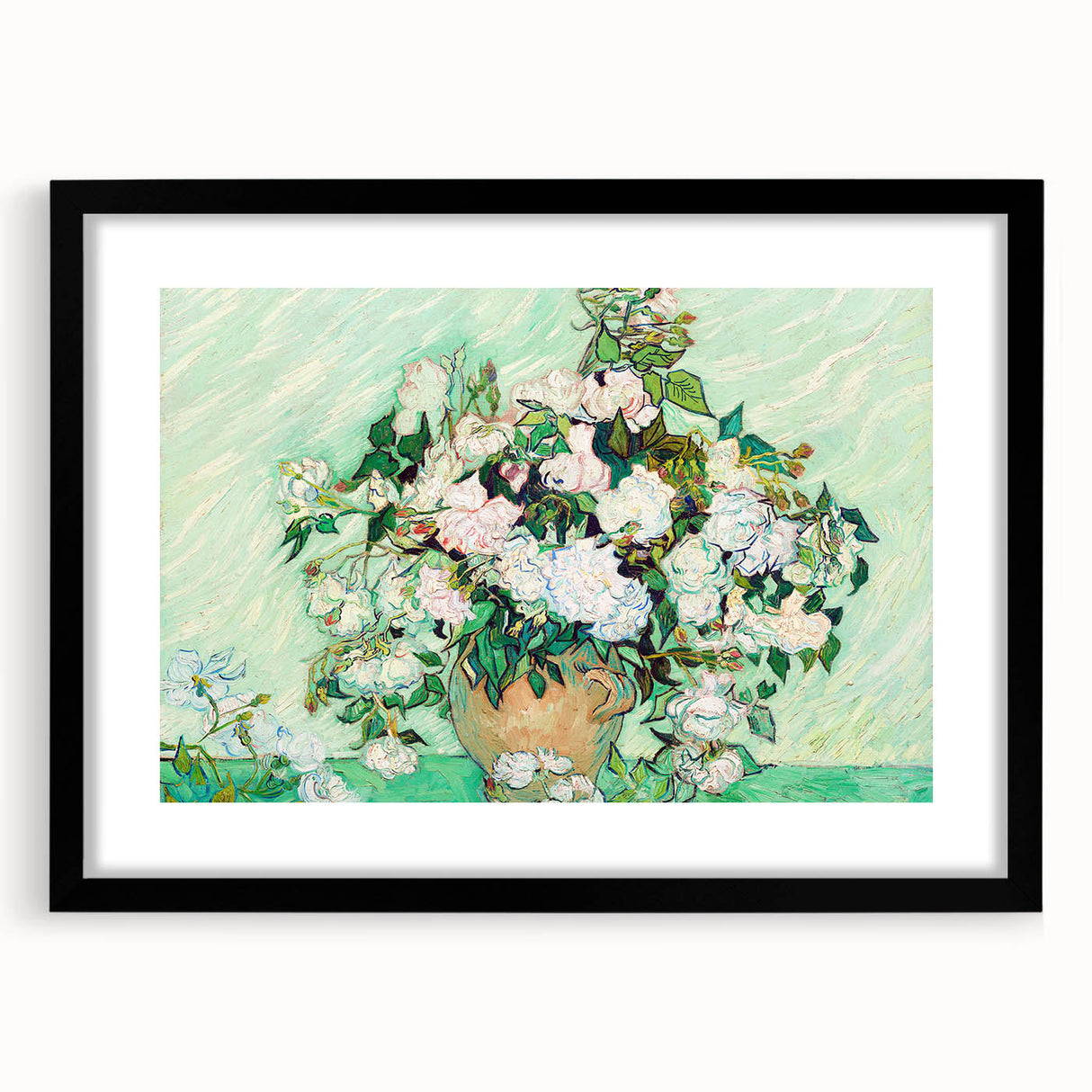 Extra large abstract art print featuring vibrant, textured swirls of blue, yellow, and green on a framed black canvas.