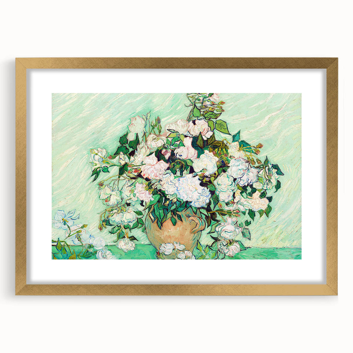 Abstract art print featuring swirling blue and yellow tones on a gold-framed canvas.