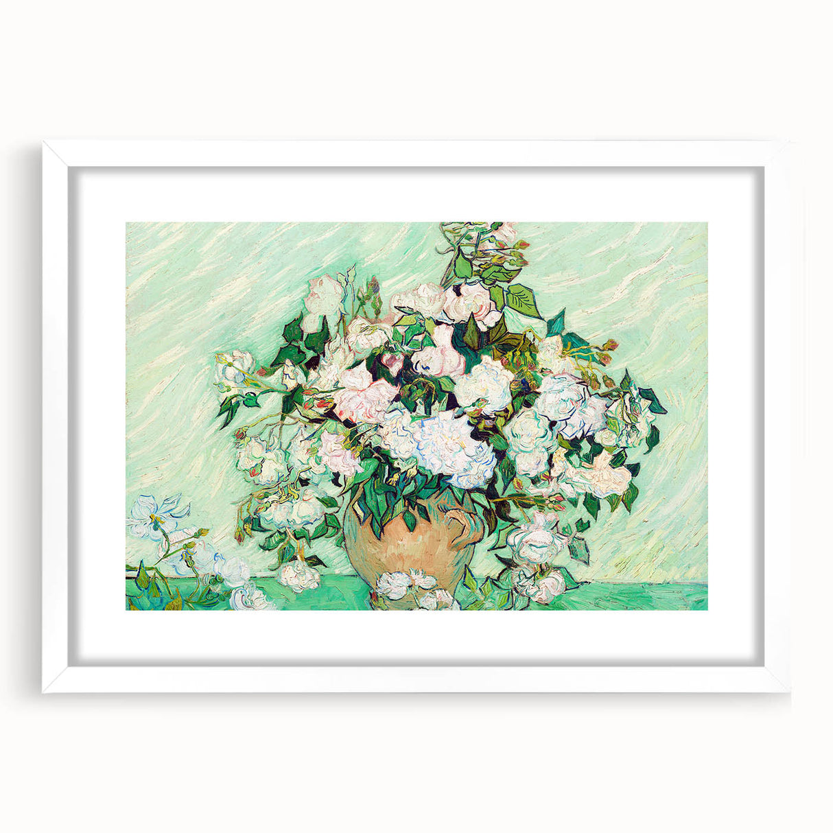 Textured abstract art print of swirling colors in blue and yellow, framed in white, suitable for bedroom decor.