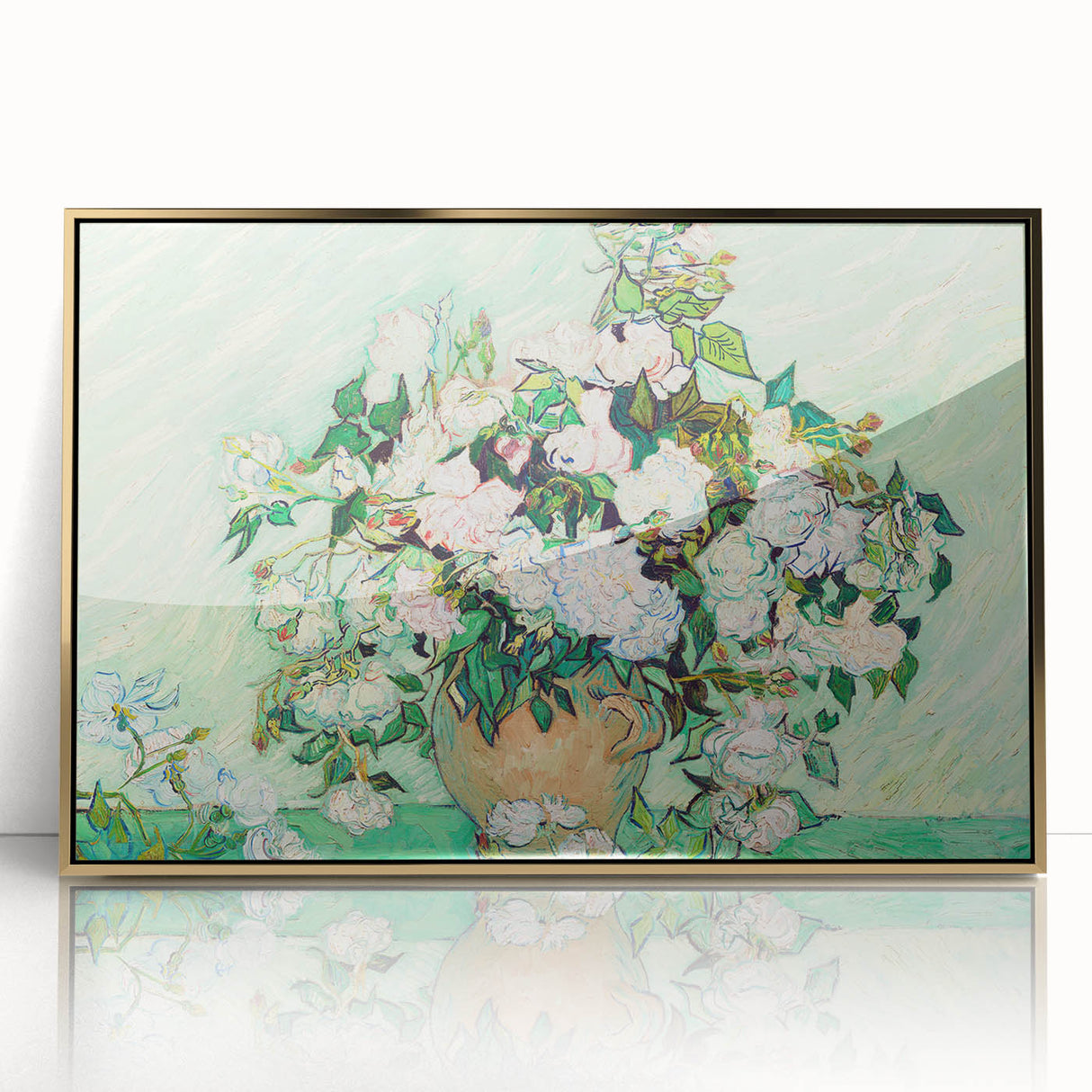 Art deco poster of Van Gogh in a gold frame, featuring bold colors, ideal for modern nursery wall art.