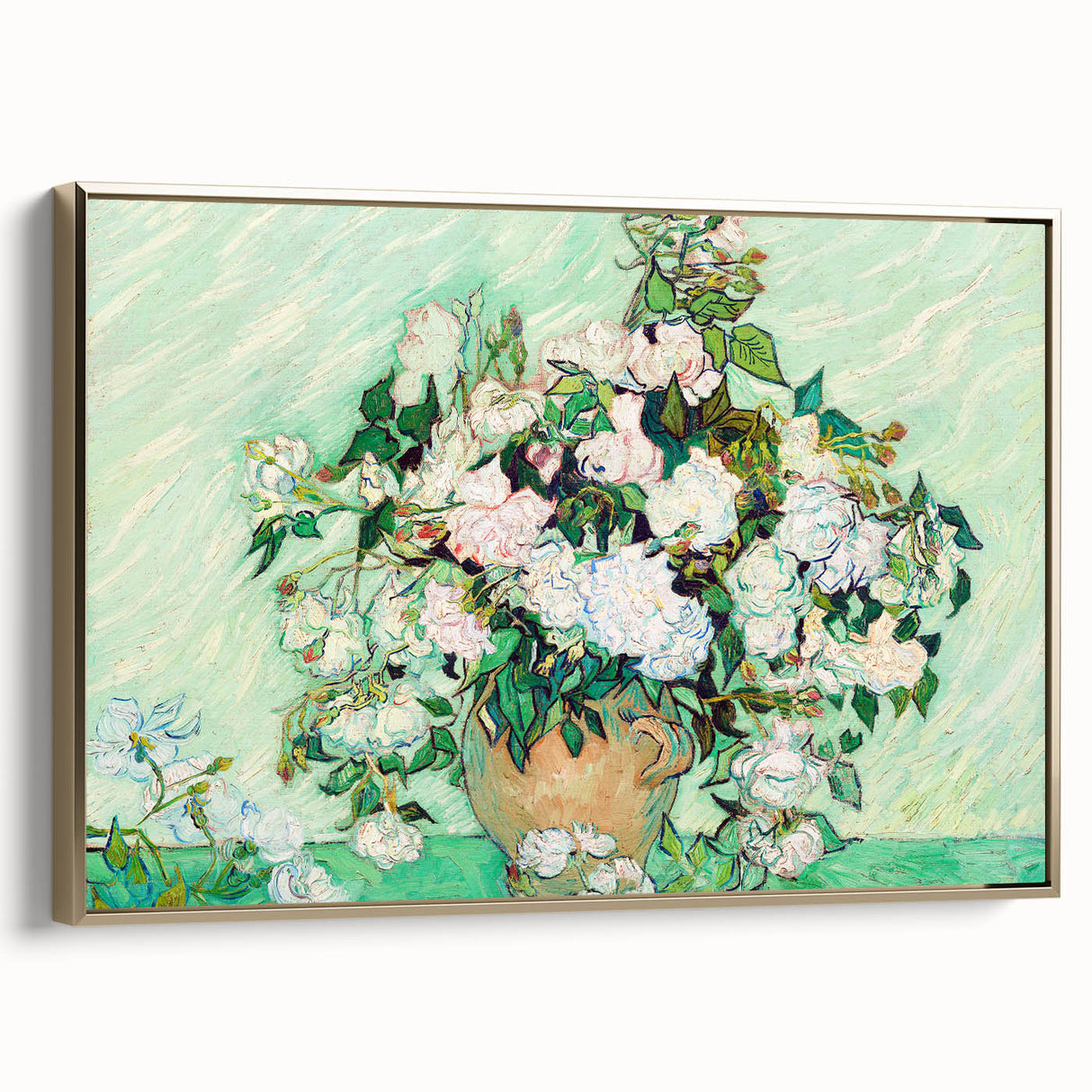 Vintage poster art of a landscape painting in gold frame, ideal for bedroom wall art.