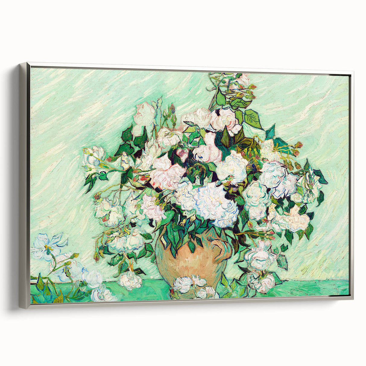 Framed canvas of a Van Gogh-inspired landscape painting, featuring vibrant colors and silver frame.