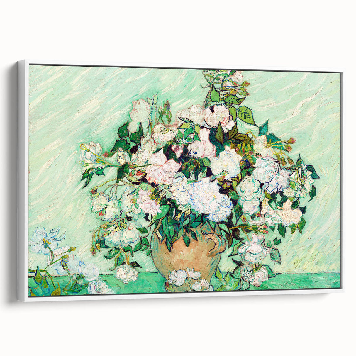 Vintage poster art of Van Gogh's painting on a large framed canvas, featuring colorful art on a black background.