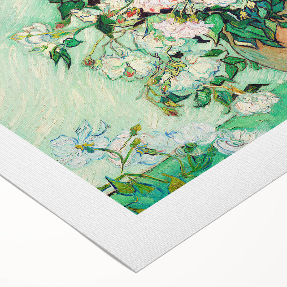 Art deco poster featuring a stylized Van Gogh portrait in bold blue and yellow tones on rolled canvas.