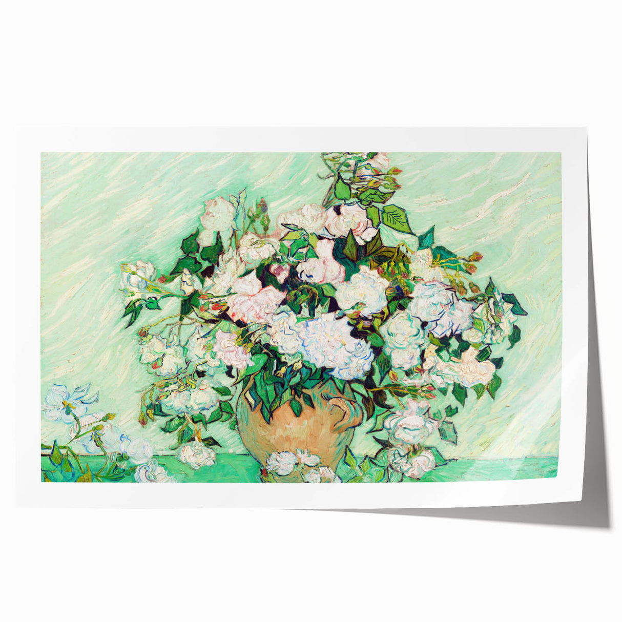 Vincent van Gogh-inspired floral print on rolled canvas, featuring vibrant blues and yellows, ideal for art wall dining room.