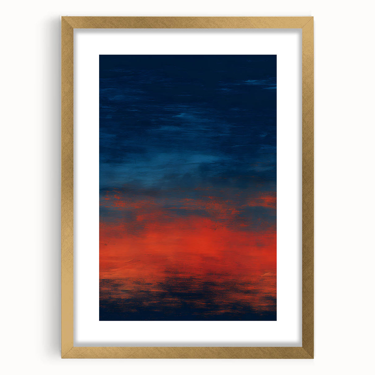 Abstract wall art featuring colorful strokes in a gold frame with a white mat, showcasing a modern design ideal for contemporary home decor.