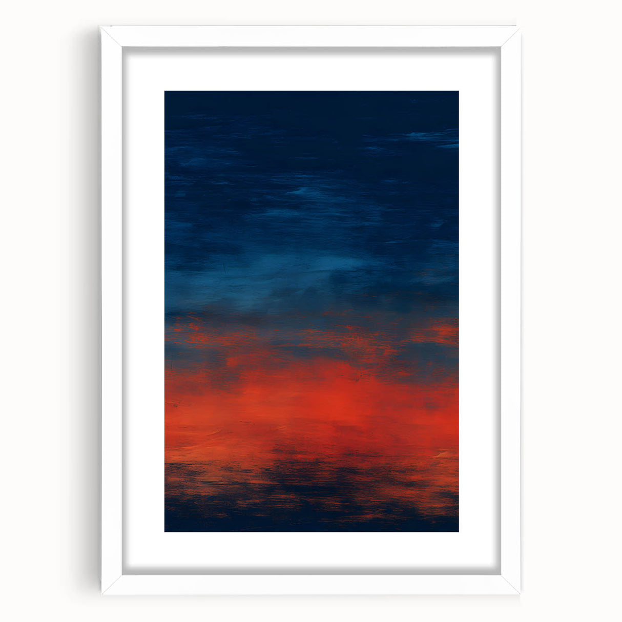Abstract strokes wall art framed in white with a mat, showcasing vibrant colors and dynamic patterns, perfect for modern home decor and artistic flair.