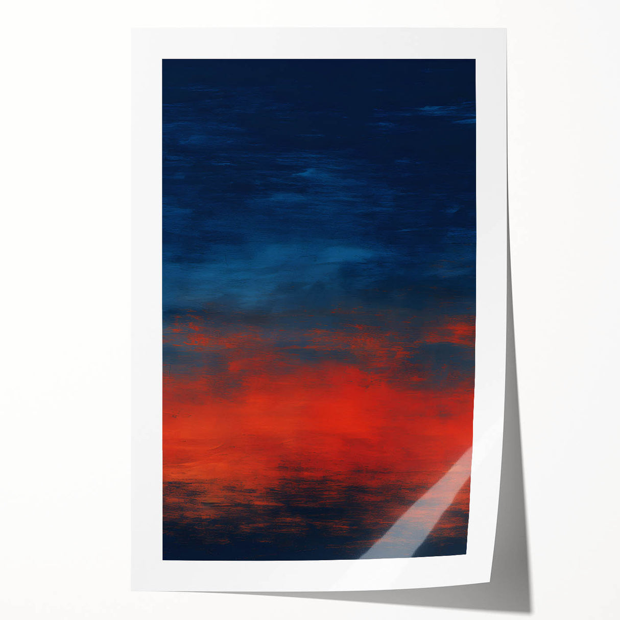 Abstract wall art print showcasing vibrant strokes in shades of blue, orange, and yellow, ideal for modern home decor. Rolled and ready for framing.
