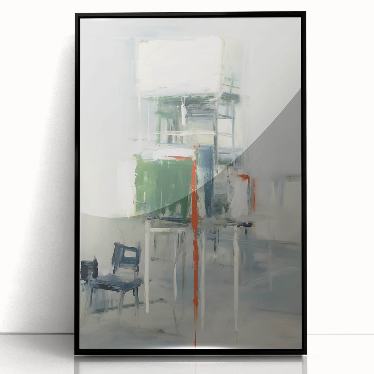 Framed abstract wall art featuring bold black strokes on a sleek acrylic surface, ideal for modern home decor, adding a contemporary touch to any room.