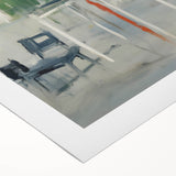 Abstract wall art on rolled canvas showcasing vibrant strokes in shades of blue, orange, and yellow, ideal for modern home decor or office spaces.