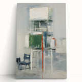 Abstract wall art featuring vibrant, multicolored strokes on a stretched canvas, leaning against a neutral wall, ideal for modern decor. Perfect for adding a contemporary touch to any space.