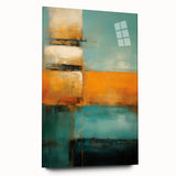 Abstract wall art print featuring vibrant strokes in shades of blue, orange, and yellow, displayed in a sleek acrylic glass frame, emphasizing modern artistic design and elegance.
