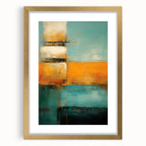 Abstract wall art featuring colorful strokes in shades of blue, gold, and beige, framed with a gold mat, perfect for modern decor. Ideal for adding a vibrant touch to living spaces.