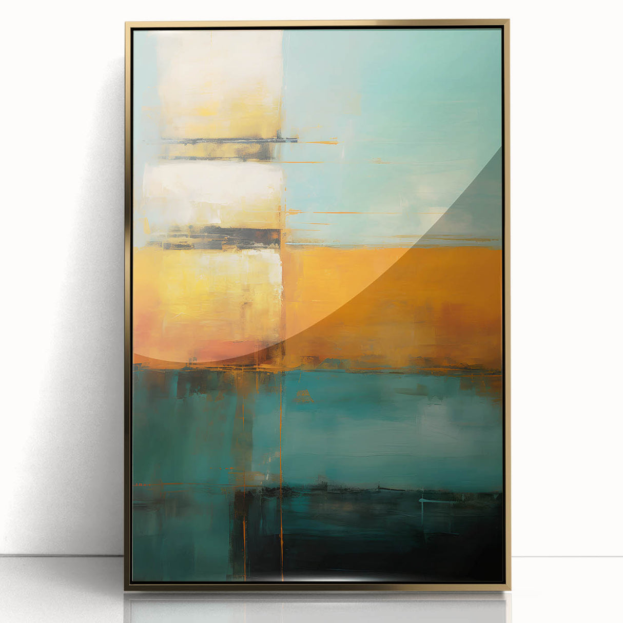 Abstract wall art featuring vibrant gold and black strokes in a sleek acrylic frame, offering a modern aesthetic ideal for contemporary home decor.