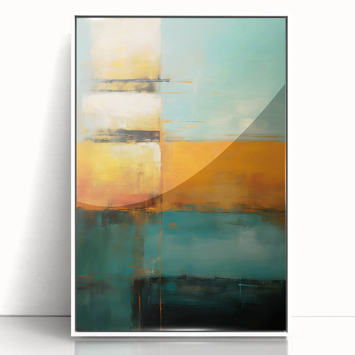Framed acrylic wall art featuring abstract strokes in shades of blue, yellow, and white. Ideal for modern home decor, adding a vibrant artistic touch to any room.