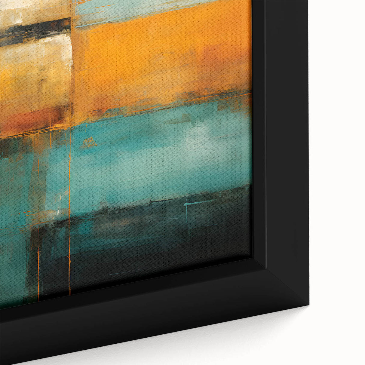 Close-up of a framed abstract wall art piece showcasing vibrant, multicolored strokes in shades of blue, orange, and yellow, perfect for modern home decor.