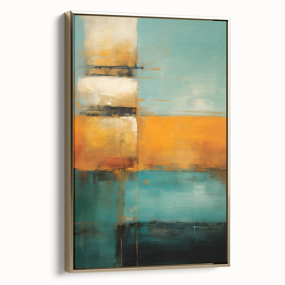 Framed abstract strokes wall art with gold accents, displayed in a chic side view, adding elegance and modern flair to any decor. Perfect for contemporary interiors.
