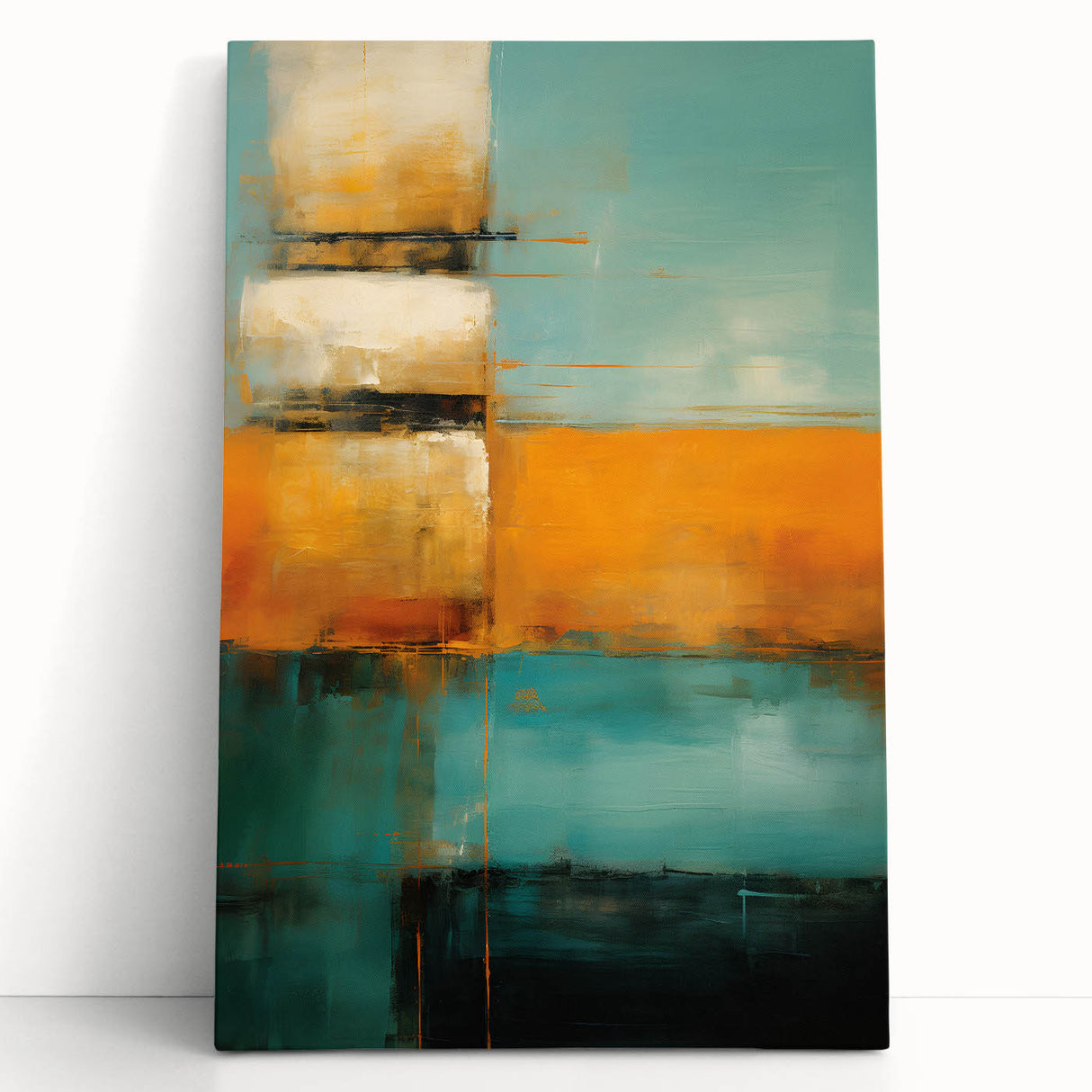 Vibrant abstract strokes wall art on stretched canvas, showcasing bold colors and fluid designs, perfect for modern home decor, leaning against a wall.
