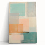 Abstract wall art featuring vibrant strokes in shades of blue, green, and gold on a stretched canvas, leaning against a neutral wall, adding a modern touch to home decor.