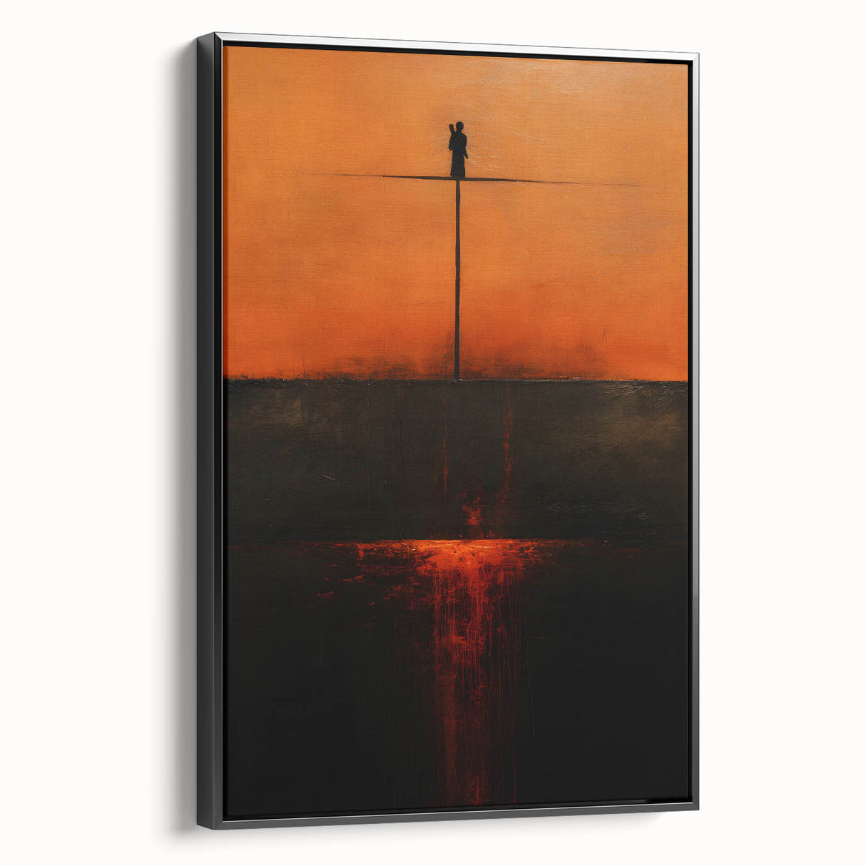 Framed canvas wall art showcasing abstract black strokes on a textured surface, presented in a sleek black frame, ideal for modern decor or artistic ambiance.