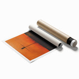 Abstract wall art print featuring vibrant strokes in shades of blue, orange, and yellow, ideal for modern home decor. The artwork is rolled for easy display and shipping.