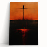 Abstract wall art with vibrant strokes in blue, orange, and yellow hues, displayed on a stretched canvas, leaning against a neutral wall, perfect for modern decor.