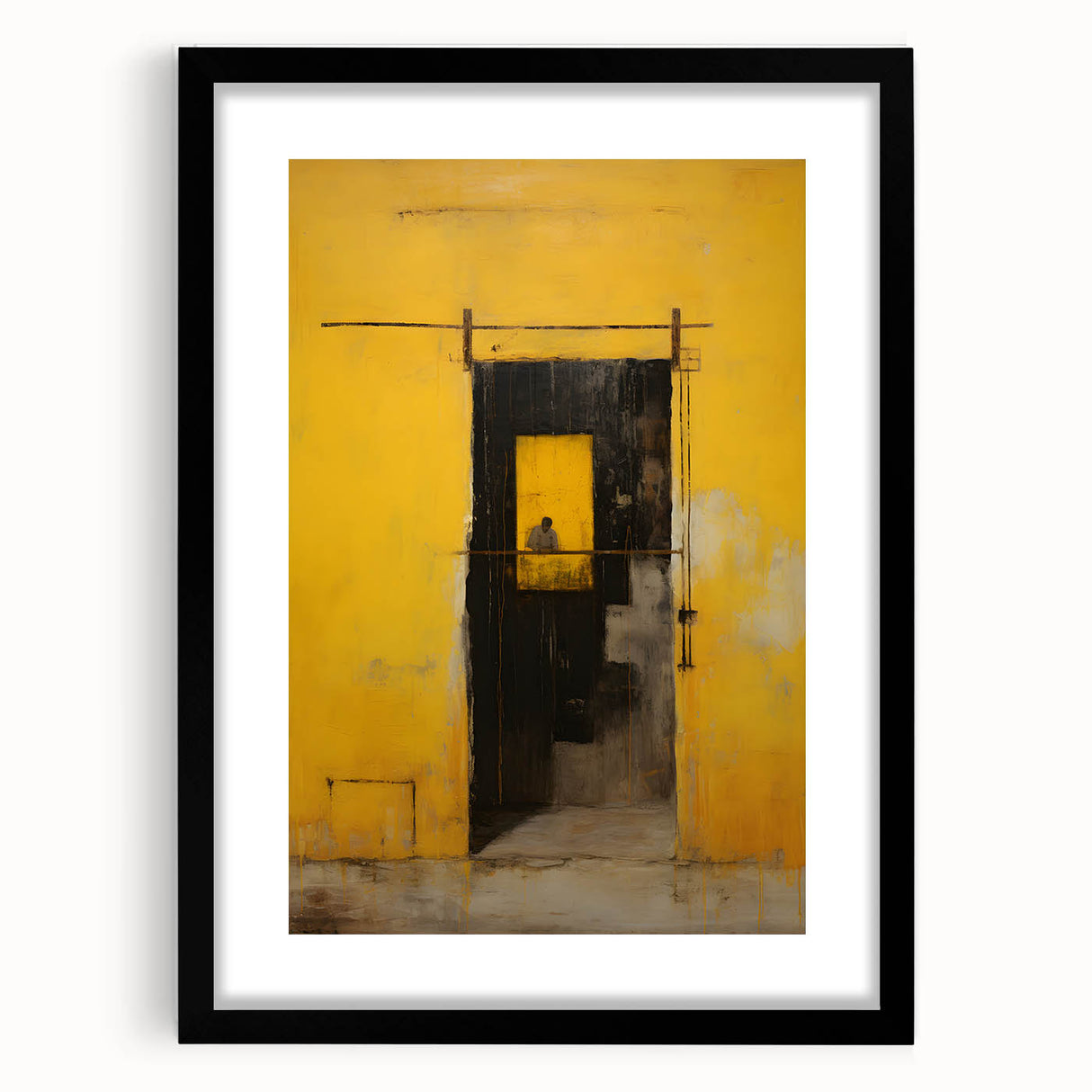 Abstract wall art featuring dynamic black strokes on a white background, framed elegantly with a mat, adding modern sophistication to any interior décor.