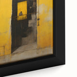 Close-up of a framed abstract strokes wall art canvas, showcasing vibrant colors of blue, orange, and yellow with textured brush strokes, ideal for modern decor.