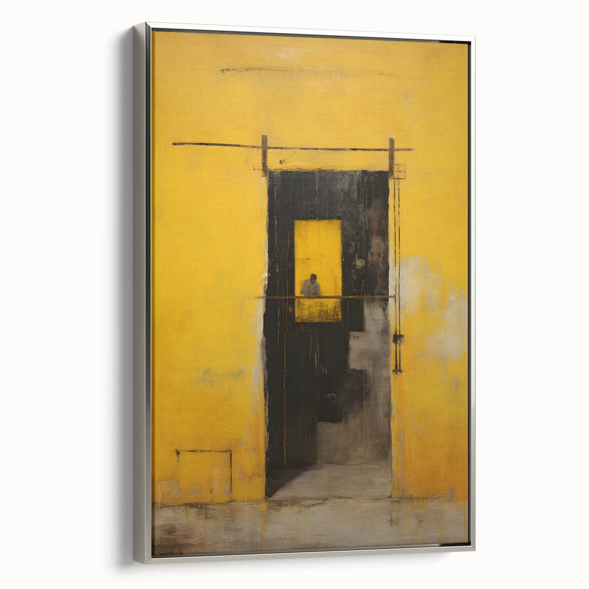 Framed canvas wall art showcasing abstract strokes in silver and gray tones, adding a modern touch to home decor, viewed from a side angle. Perfect for contemporary interiors.