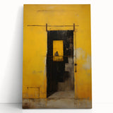 Abstract wall art featuring vibrant strokes in blue, orange, and yellow, displayed on a stretched canvas, leaning against a neutral wall, ideal for modern decor.