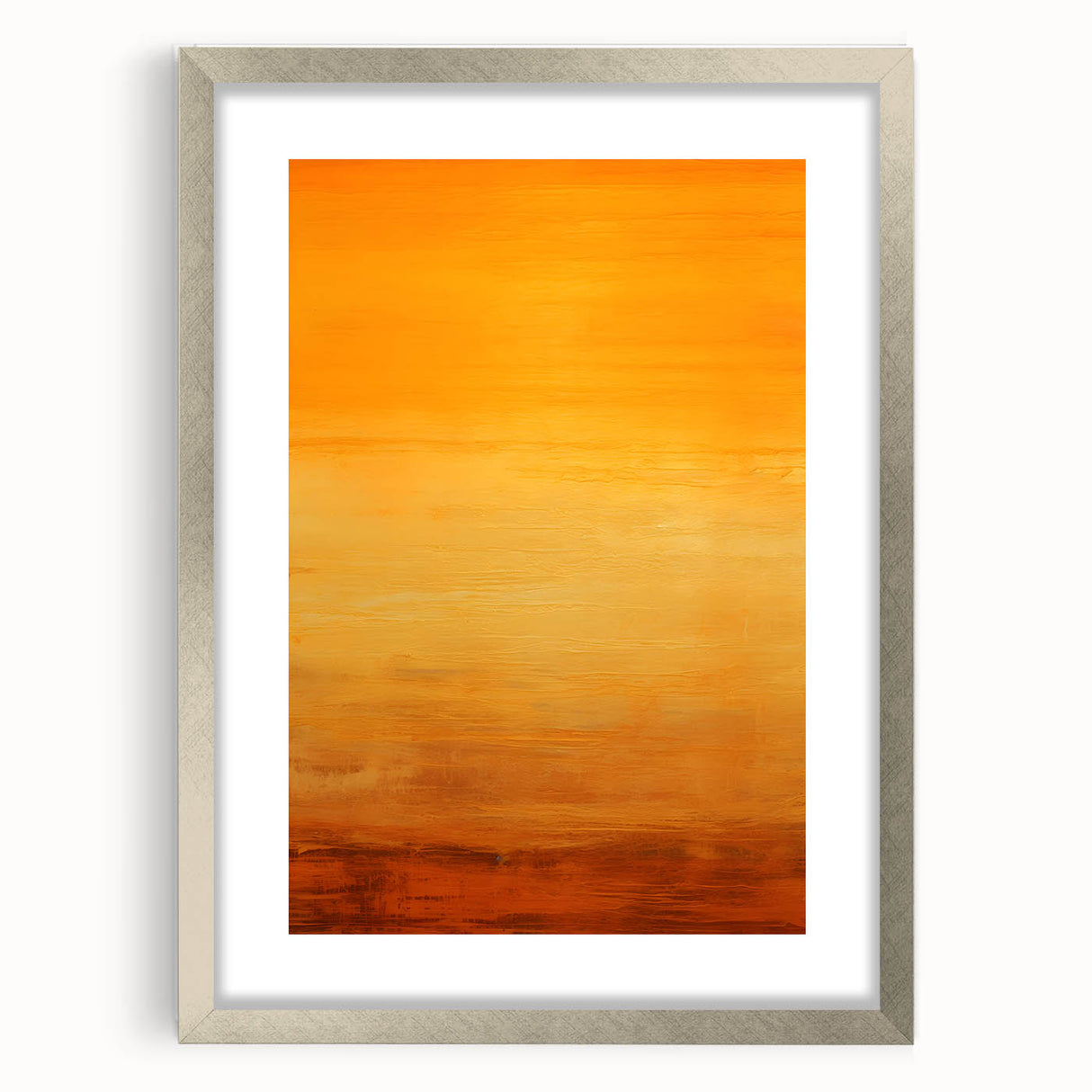 Abstract strokes wall art in a sleek silver frame with a white mat, showcasing vibrant colors and dynamic brushwork, perfect for modern home decor.