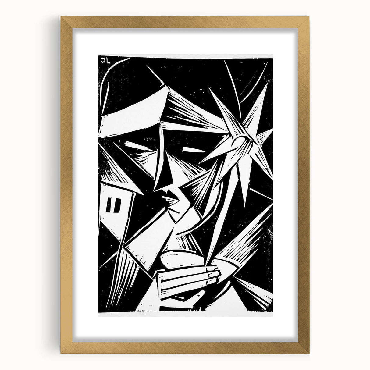 Modern Wall Art: Abstract Linocut with Geometric Black-and-White Design