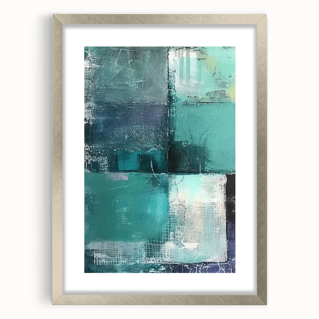 Abstract wall art featuring vibrant strokes in shades of blue and gold, framed with a silver mat, ideal for modern home decor. Perfect for adding a pop of color to any room.