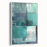 Framed canvas wall art showcasing abstract strokes in shades of blue and white, adding a modern touch to home decor. Side view highlights its sleek design and elegant frame.