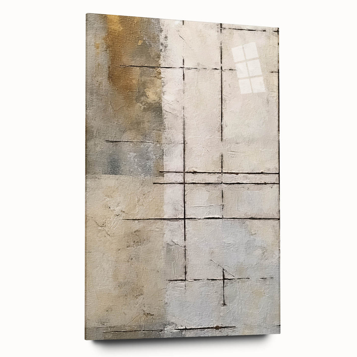 Abstract wall art design featuring colorful strokes on acrylic glass, displayed in a side view showcasing its sleek edges and modern aesthetic, perfect for contemporary decor.