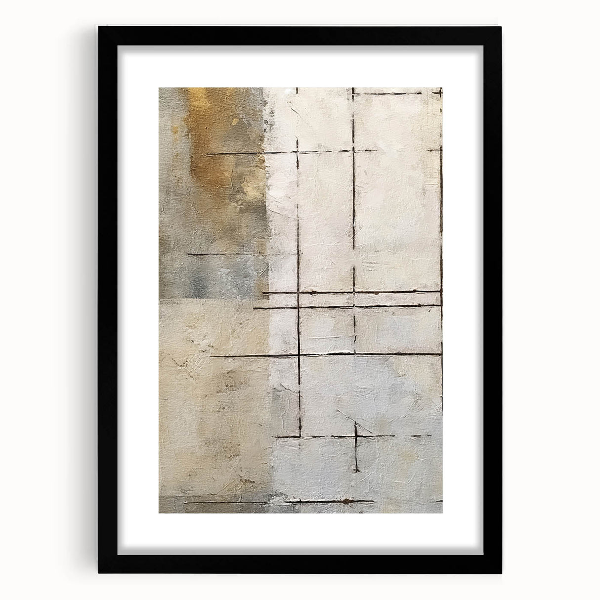 Abstract strokes wall art framed in black, showcasing vibrant colors and dynamic shapes, perfect for modern home décor. The mat adds an elegant touch to this eye-catching piece.