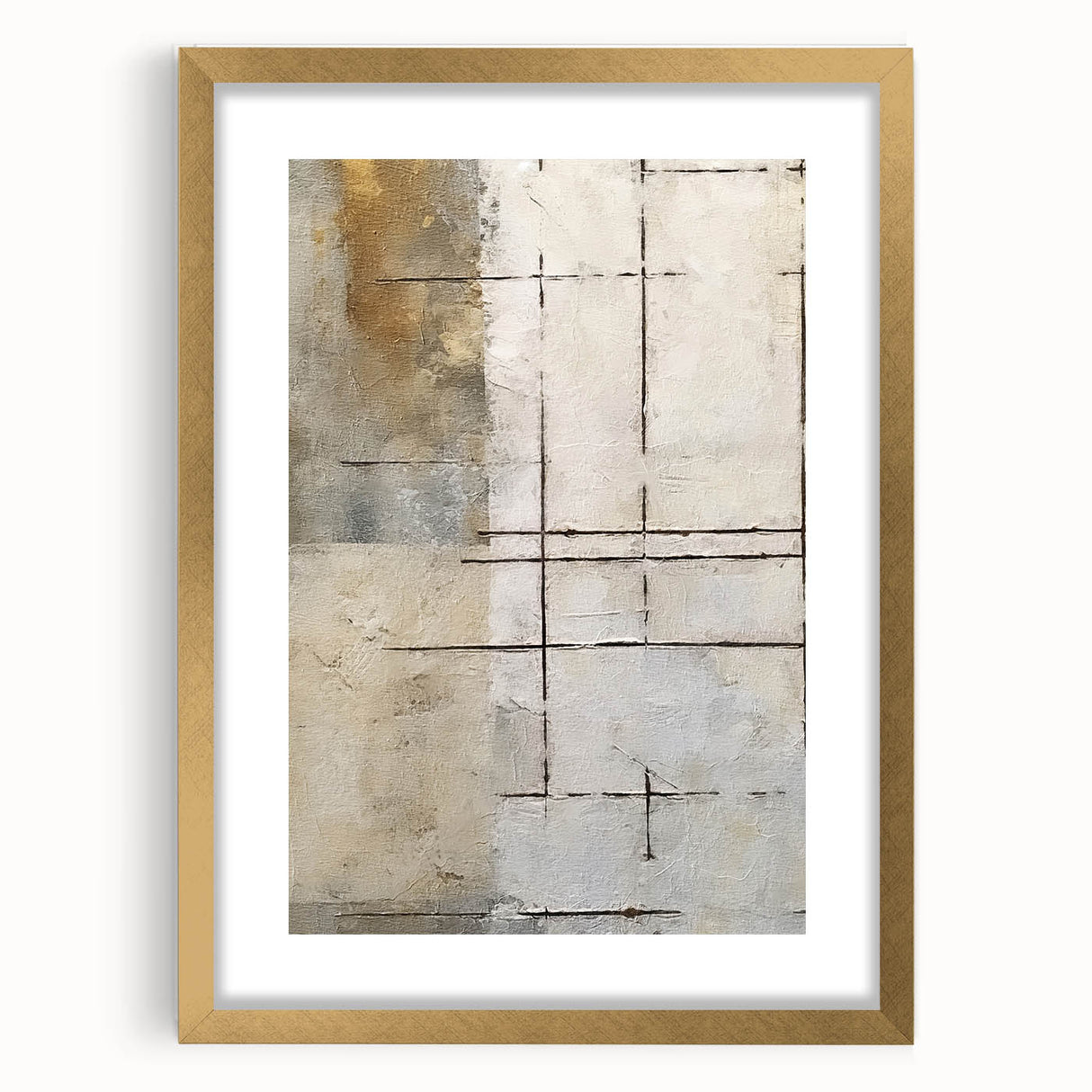 Abstract strokes wall art framed with a gold mat, showcasing vibrant colors and dynamic patterns, perfect for modern home decor and enhancing living spaces.