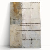 Abstract strokes wall art on stretched canvas, featuring vibrant colors of blue, orange, and yellow, leaning against a textured wall, perfect for modern decor.