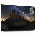 Acrylic glass artwork showcasing a stunning landscape of a majestic castle, displayed in a side view with decorative pins. The vibrant colors and intricate details bring the scene to life, making it a captivating addition to any art collection.
