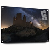 Acrylic glass artwork showcasing a stunning landscape of a majestic castle, displayed in a side view with decorative pins. The vibrant colors and intricate details bring the scene to life, making it a captivating addition to any art collection.