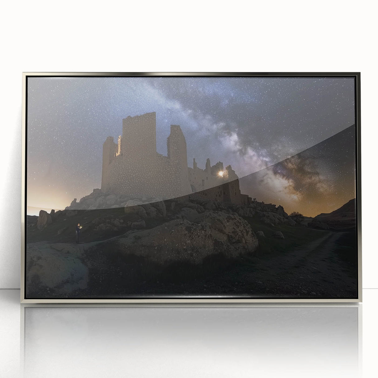 Framed acrylic artwork depicting a serene landscape with a majestic castle, featuring intricate details and a silver frame, perfect for elegant home decor.