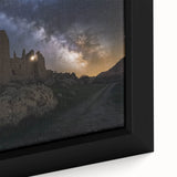 Close-up of a framed canvas artwork depicting a serene landscape with a majestic castle set against a vibrant sunset sky, showcasing rich colors and intricate details, ideal for home decor.