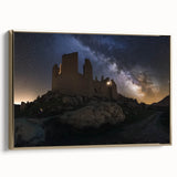 Framed canvas artwork depicting a picturesque landscape with a majestic castle, featuring gold accents and a side view that enhances its elegance. Perfect for home decor enthusiasts.