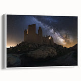 Framed canvas artwork showcasing a picturesque landscape with a majestic castle, featuring a white side profile and vibrant colors, perfect for home decor.