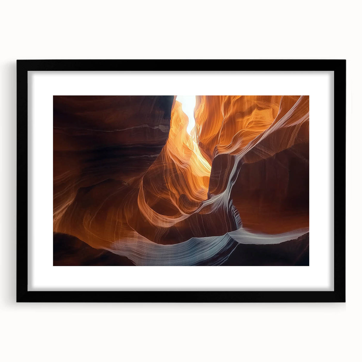 Framed landscape artwork depicting a serene cave scene with a black mat, showcasing intricate details and rich colors, perfect for modern home decor.