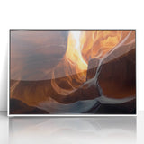 Framed acrylic artwork depicting a serene landscape with caves, featuring vibrant colors and intricate details, suitable for modern home decor.