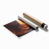Rolled print of a stunning landscape featuring intricate cave formations and earthy tones, designed for wall art, displayed in a protective cardboard tube.