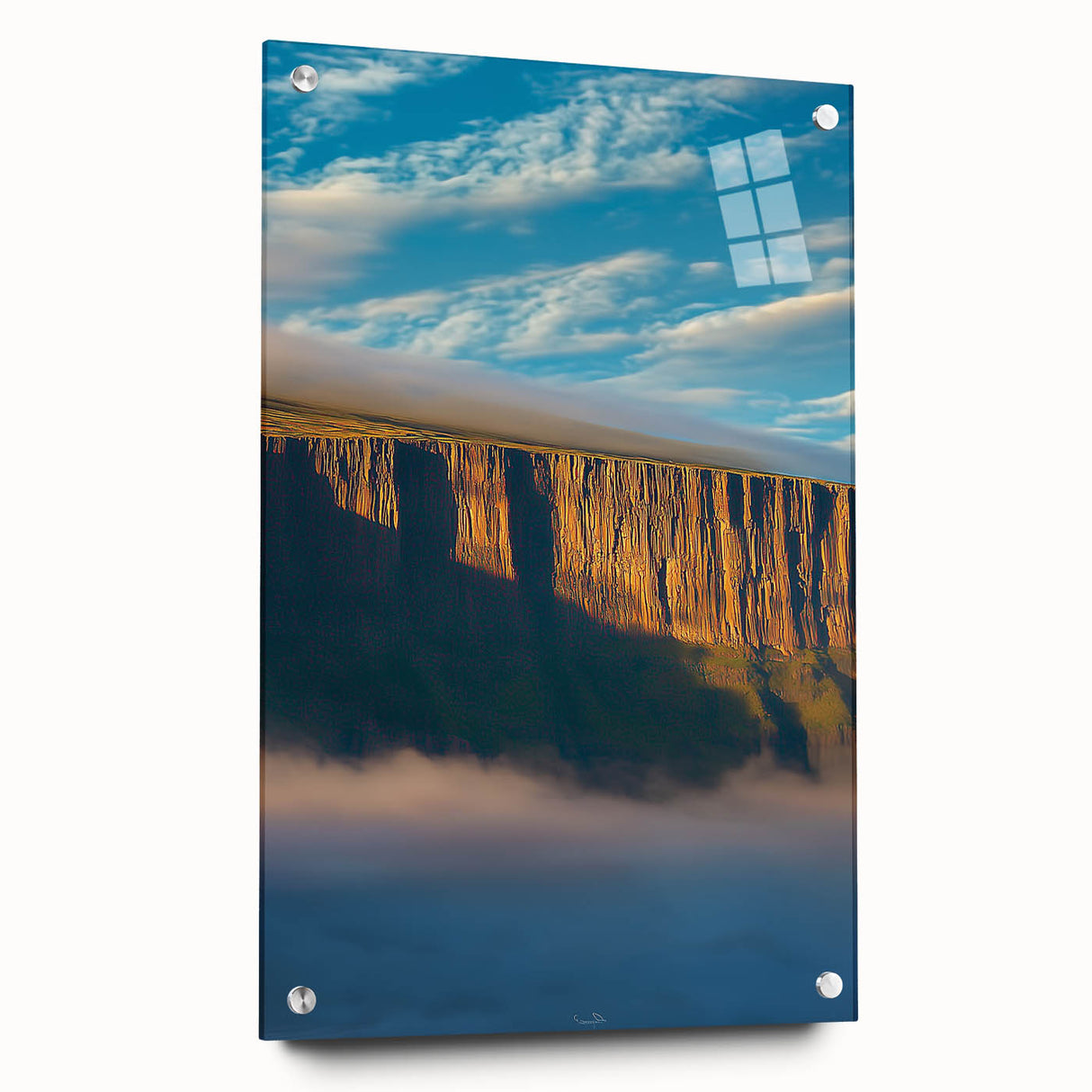 Acrylic landscape artwork depicting vibrant cliffs in a side view, elegantly displayed with pins on a glass surface, showcasing rich colors and intricate details. Ideal for enhancing modern interiors.