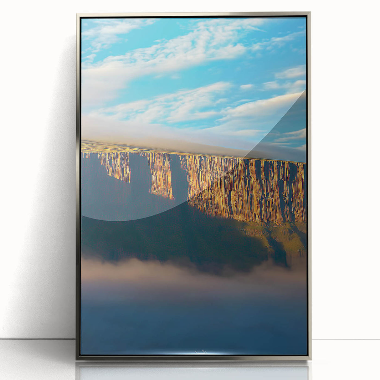 Framed acrylic artwork depicting a stunning landscape of rugged cliffs under a vibrant sunset, showcasing rich colors and intricate details, perfect for modern home decor.