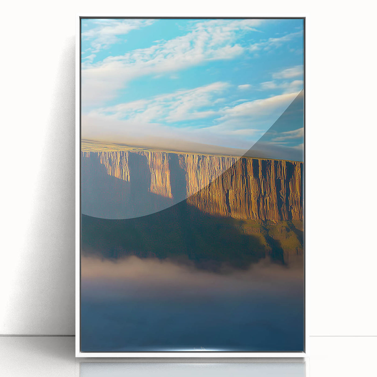 Framed acrylic artwork depicting a stunning coastal landscape with majestic cliffs and vibrant blue ocean waves, enhancing modern decor with its serene beauty.